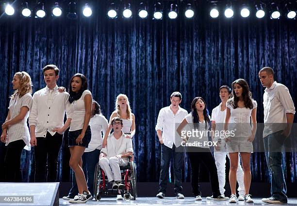 New Directions performs in the "Grilled Cheesus" episode of GLEE airing Tuesday, Oct. 5 on FOX. Pictured L-R: Dianna Agron, Chris Colfer, Naya...