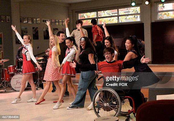 The Glee club performs in the choir room in the "Sectionals" fall finale episode of GLEE airing Wednesday, Dec. 9 on FOX. Pictured L-R: Heather...