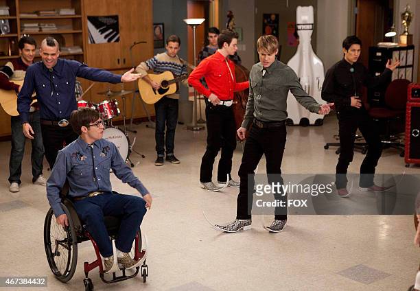 The glee club boys perform a Spanish song in "The Spanish Teacher" episode of GLEE airing Tuesday, Feb. 7 on FOX. Pictured L-R: Kevin McHale, Mark...