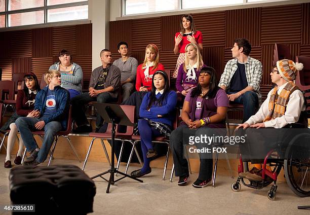 Rachel makes a suggestion to the glee club in the "Comeback" episode of GLEE airing Tuesday, Feb. 15 on FOX. Pictured bottom row L-R: Naya Rivera,...