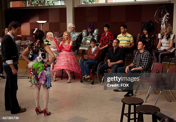 The glee club is not impressed with Rachel's outfit as Lady Gaga's homage in the "Theatricality" episode of GLEE airing Tuesday, May 25 on FOX....