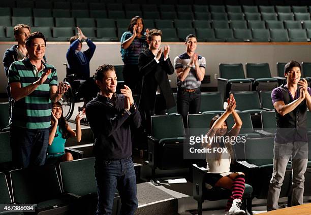 The glee club watches Santana and Brittany perform in the "Dance With Somebody" episode of GLEE airing Tuesday, April 24 on FOX. Pictured L-R: Cory...
