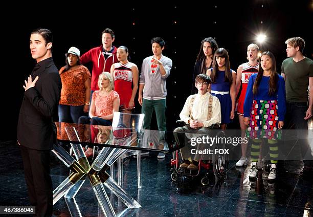 Blaine performs with the glee club in the "Dance With Somebody" episode of GLEE airing Tuesday, April 24 on FOX. Also pictured L-R: Amber Riley, Cory...