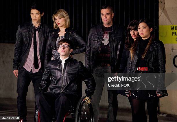 Members of the glee club confront the Warblers in the "Michael" episode of GLEE airing Tuesday, Jan. 31 on FOX. Pictured L-R: Harry Shum Jr., Dianna...