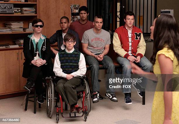 The boys in the Glee club watch the girls perform a mashup in the GLEE episode "Vitamin D" airing Wednesday, Oct. 7 on FOX. Pictured L-R: Chris...