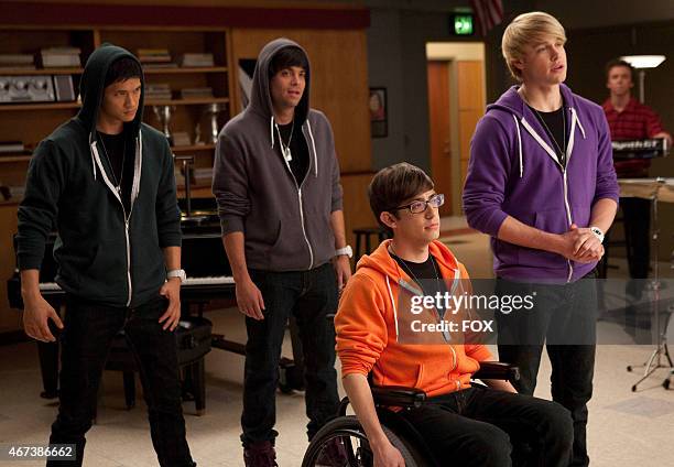 Sam starts a tribute band with Mike , Puck and Artie in the "Comeback" episode of GLEE airing Tuesday, Feb. 15 on FOX.