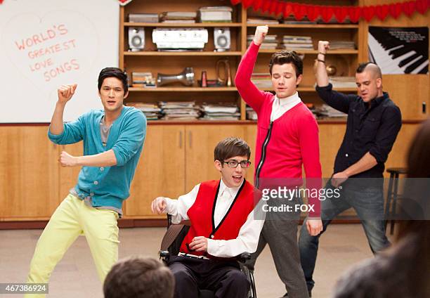 MIke , Artie , Kurt and Puck perform in the "Heart" episode of GLEE airing Tuesday, Feb. 14 on FOX.