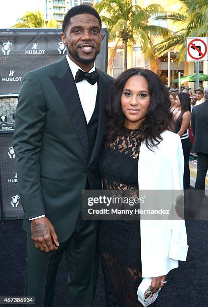 Udonis Haslem and Faith Rein attends Miami Heat Black Tie On Ocean Drive Gala at Betsy Hotel Rooftop on March 14, 2015 in Miami Beach, Florida.