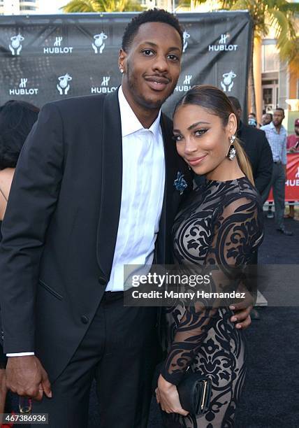 Mario Chalmers and Paije Speights attends Miami Heat Black Tie On Ocean Drive Gala at Betsy Hotel Rooftop on March 14, 2015 in Miami Beach, Florida.