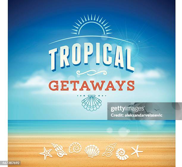 tropical beach background - sea shell in sand stock illustrations