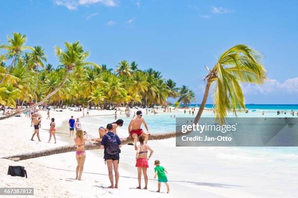 tourists at the beach of isla saona in dominican republic - dominican republic stock pictures, royalty-free photos & images