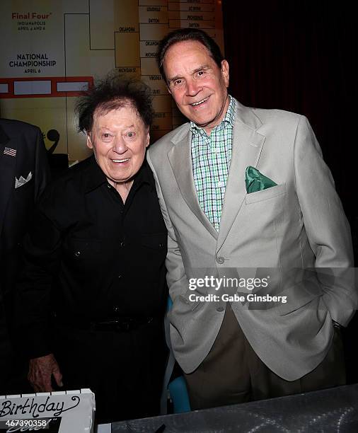Actor/comedian Marty Allen and impressionist Rich Little attend a meet and greet after Allen's performance at the Downtown Grand Hotel & Casino on...