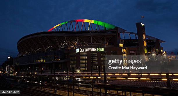 Century Link Field is illuminated in participation with National Landmarks Illuminated Across U.S. To Shine Light On Ebola Crisis And Show Solidarity...