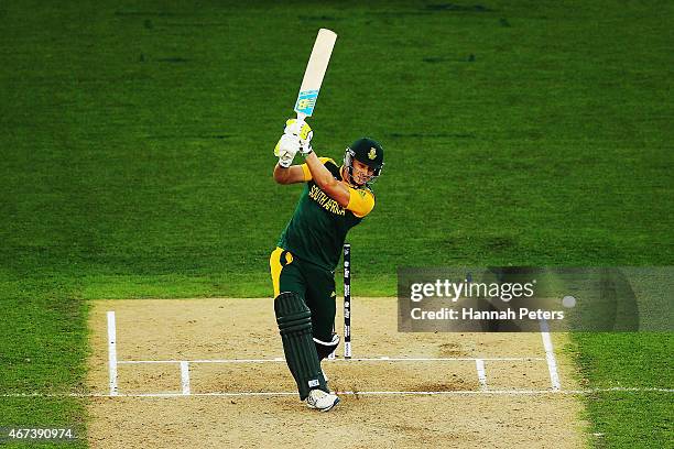 David Miller of South Africa pulls the ball away for six runs during the 2015 Cricket World Cup Semi Final match between New Zealand and South Africa...