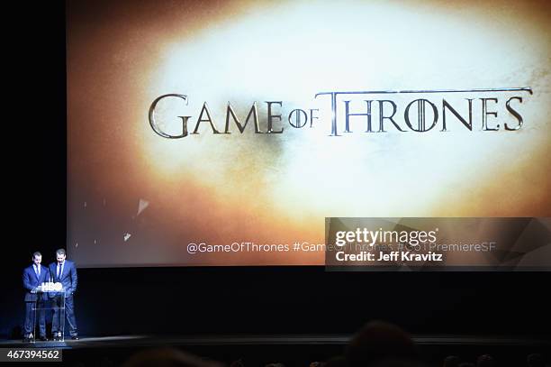 Creator/executive producers D.B. Weiss and David Benioff speak at HBO's "Game of Thrones" Season 5 Premiere at the San Francisco Opera House on March...