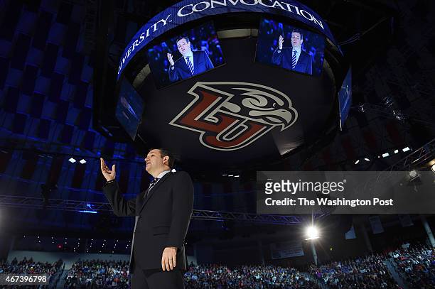 Senator Ted Cruz makes a speech where he announced his candidacy for a presidential bid at Liberty University on Monday March 23, 2015 in Lynchburg,...