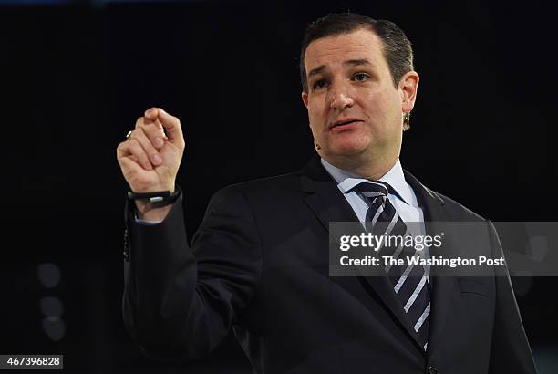 Senator Ted Cruz makes a speech where he announced his candidacy for a presidential bid at Liberty University on Monday March 23, 2015 in Lynchburg,...