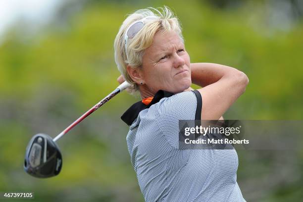 Trish Johnson of England tees off during day two of the 2014 Ladies Masters at Royal Pines Resort on February 7, 2014 on the Gold Coast, Australia.