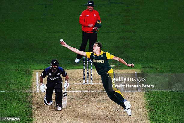 Morne Morkel of South Africa fields off his own bowling during the 2015 Cricket World Cup Semi Final match between New Zealand and South Africa at...