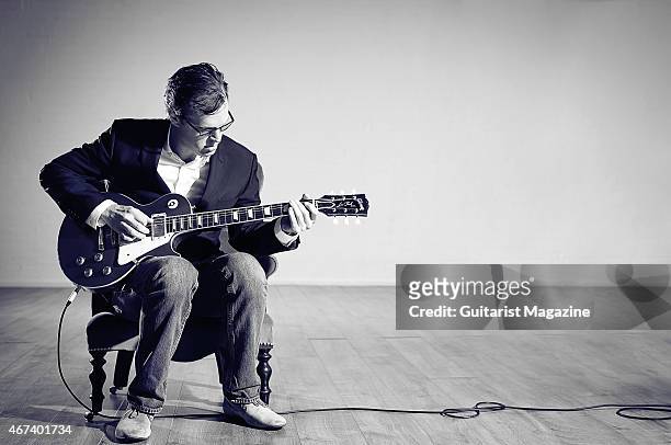 Portrait of American blues rock musician Joe Bonamassa photographed with a vintage 1952 Gibson Les Paul at John Henry's rehearsal space in London, on...