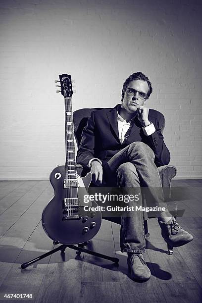 Portrait of American blues rock musician Joe Bonamassa photographed with a vintage 1952 Gibson Les Paul at John Henry's rehearsal space in London, on...