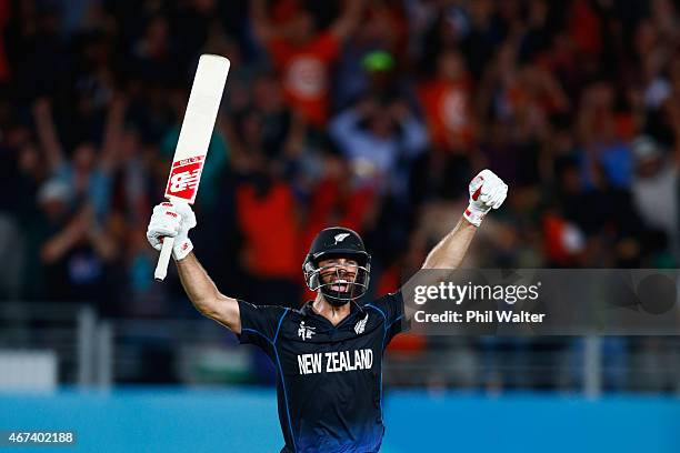 Grant Elliott of New Zealand celebrates hitting the winning runs during the 2015 Cricket World Cup Semi Final match between New Zealand and South...