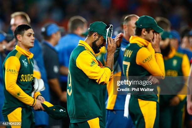 Imran Tahir of South Africa shows his dejection following the 2015 Cricket World Cup Semi Final match between New Zealand and South Africa at Eden...