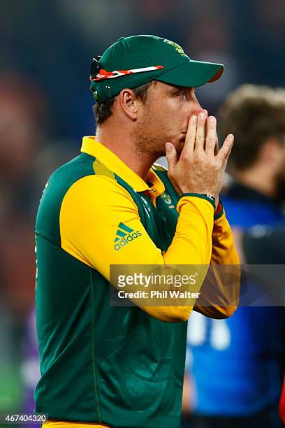 Kyle Abbott of South Africa shows his dejection during the 2015 Cricket World Cup Semi Final match between New Zealand and South Africa at Eden Park...