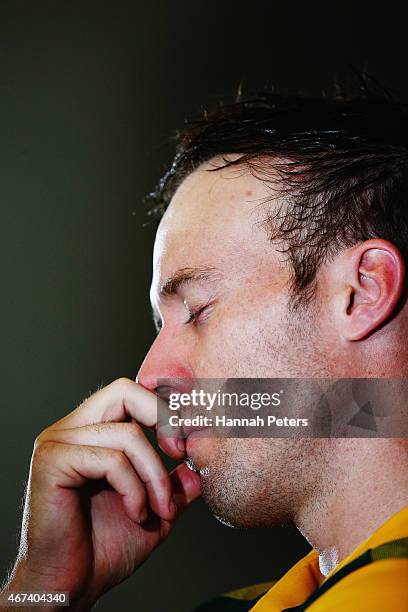 De Villiers of South Africa takes a moment during the press conference after losing the 2015 Cricket World Cup Semi Final match between New Zealand...