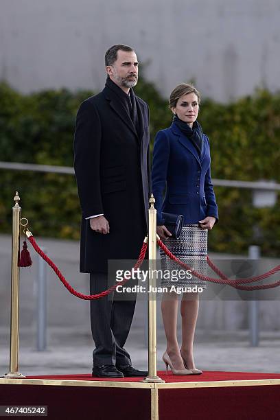 King Felipe of Spain and Queen Letizia of Spain depart for an official visit to France at Barajas Airport on March 24, 2015 in Madrid, Spain.