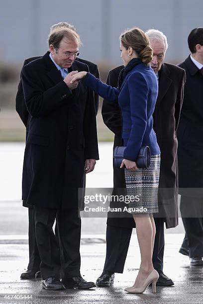 Queen Letizia of Spain is seen with Pio Garcia Escudero as she depart for an official visit to France at Barajas Airport on March 24, 2015 in Madrid,...