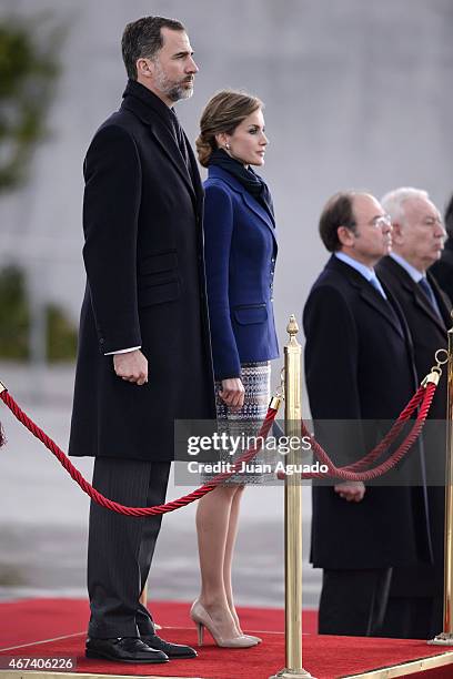 King Felipe of Spain and Queen Letizia of Spain depart for an official visit to France at Barajas Airport on March 24, 2015 in Madrid, Spain.