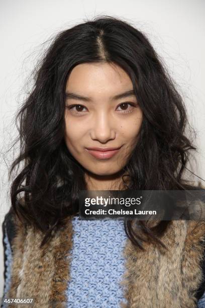 Model poses backstage at the Duckie Brown fashion show Mercedes-Benz Fashion Week Fall 2014 at Industria Superstudio on February 6, 2014 in New York...