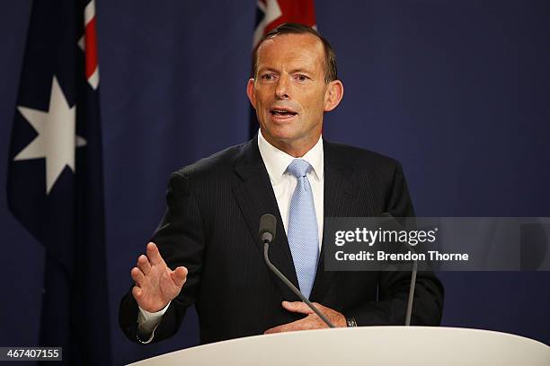 Australian Prime Minister, Tony Abbott speaks to media at the Commonwealth Parliamentary Offices during a joint press conference on February 7, 2014...