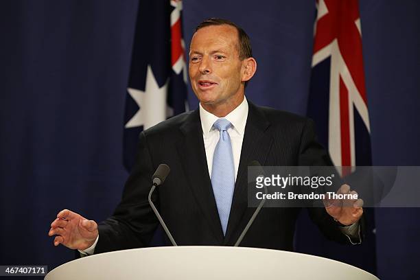 Australian Prime Minister, Tony Abbott speaks to media at the Commonwealth Parliamentary Offices during a joint press conference on February 7, 2014...