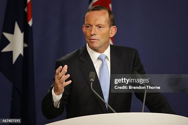 Australian Prime Minister, Tony Abbott speaks to media at the Commonwealth Parliamentary Offices during a joint press conference on February 7, 2014...