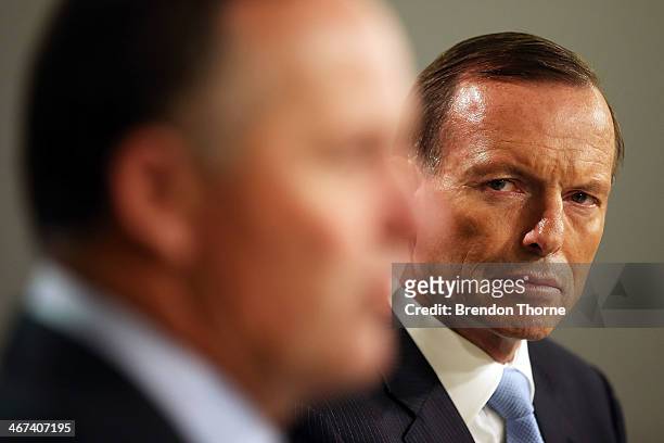 New Zealand Prime Minister, John Key and Australian Prime Minister, Tony Abbott speak to media at the Commonwealth Parliamentary Offices during a...
