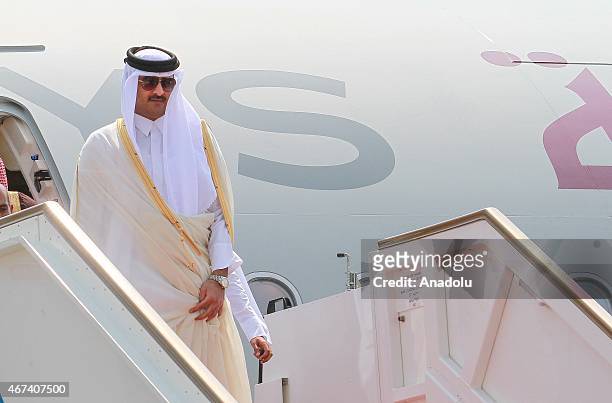Emir of Qatar, Sheikh Tamim bin Hamad Al-Thani arrives at the Katunayake International Airport in Colombo, Sri Lanka on March 24, 2015. Qatari Emir...