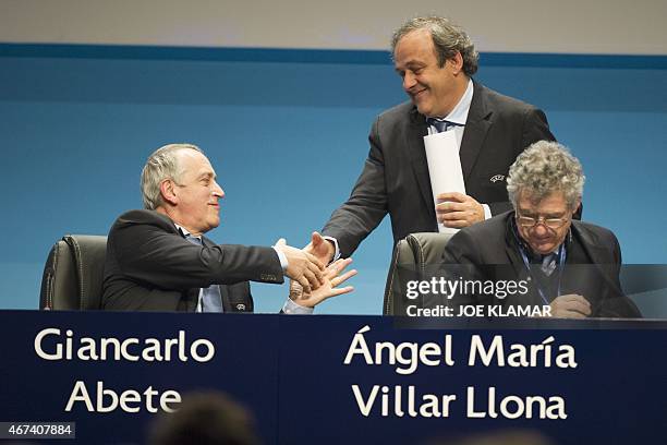 Newly re-elected UEFA president Michel Platini receives congratulations from Giancarlo Abete and Angel Maria Villar Llona at the Ordinary UEFA...