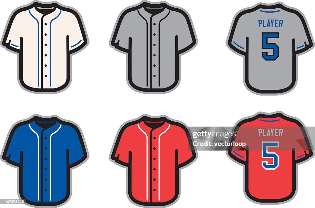 Baseball jersey template ideas in white, gray, blue and red