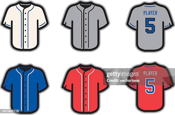 baseball jersey template ideas in white, gray, blue and red - blue sports jersey stock illustrations