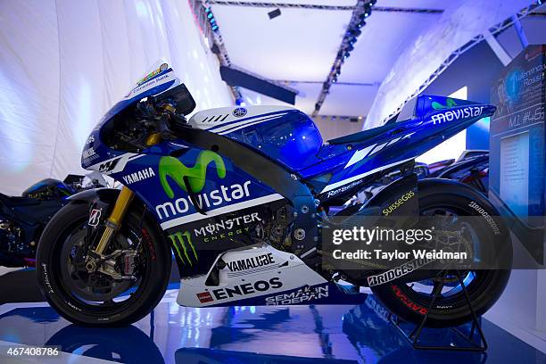 The Valentino Rossi No.46 Yamaha YZR-M1 is displayed at the 36th Bangkok International Motor Show at Impact Muang Thong Thani on March 24, 2015 in...