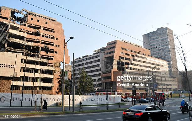 The bombed Yugoslav Ministry of Defense building is not still remains repaired in Belgrade, Serbia on March 23, 2015. The Yugoslav Ministry of...