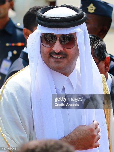 Emir of Qatar, Sheikh Tamim bin Hamad Al-Thani arrives at the Katunayake International Airport in Colombo, Sri Lanka on March 24, 2015. Qatari Emir...