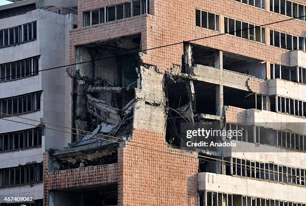 The bombed Yugoslav Ministry of Defense building is not still remains repaired in Belgrade, Serbia on March 23, 2015. The Yugoslav Ministry of...