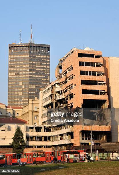 The bombed Yugoslav Ministry of Defense building is not still remains repaired in Belgrade, Serbia on March 23, 2015. The Yugoslav Ministry of...