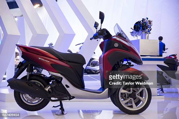 The Yamaha Tricity ABS Edition is displayed at the 36th Bangkok International Motor Show at Impact Muang Thong Thani on March 24, 2015 in Bangkok,...