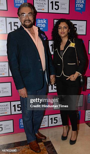 Bollywood actor Kabir Bedi with Parveen Dusanj at Lakme Fashion Week Summer/Resort 2015 on March 19, 2015 in Mumbai, India.