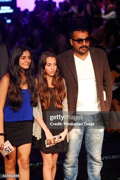 Bollywood filmmaker Anurag Kashyap with daughter Aaliyah at Lakme Fashion Week Summer/Resort 2015 on day 3 on March 20, 2015 in Mumbai, India.