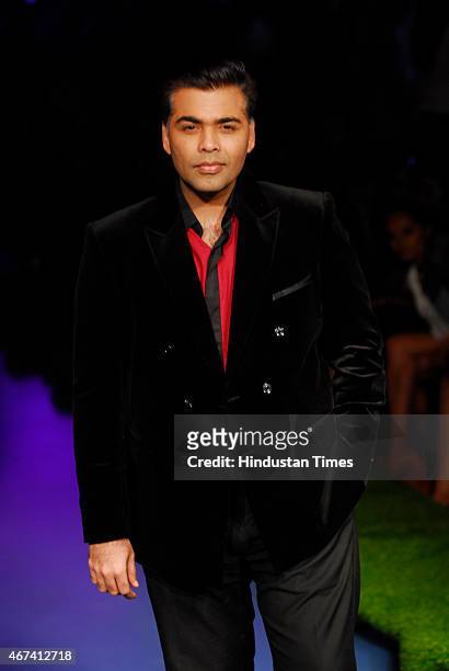Bollywood filmmaker Karan Johar at Lakme Fashion Week Summer/Resort 2015 on day 3 on March 20, 2015 in Mumbai, India.
